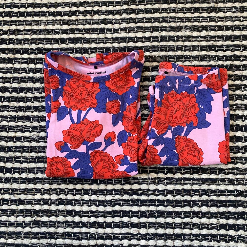 🌿Mini Rodini Girls Organic Cotton 2Piece Red Blue Floral Shorts Set 10/11Y